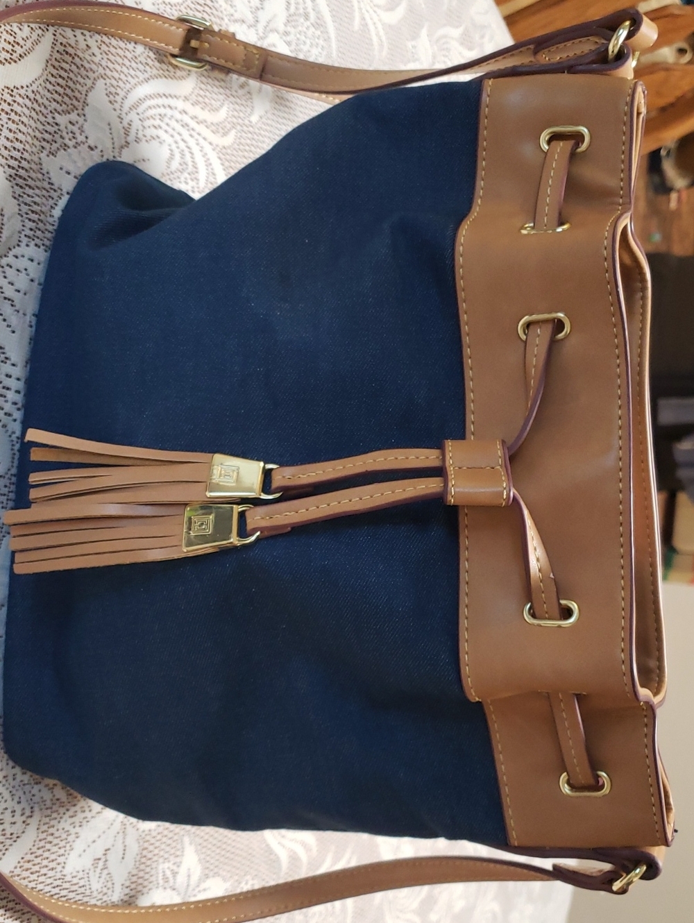 Navy Blue and Brown Drawstring Bucket Bag - Classic Everyday Style. Check Pic